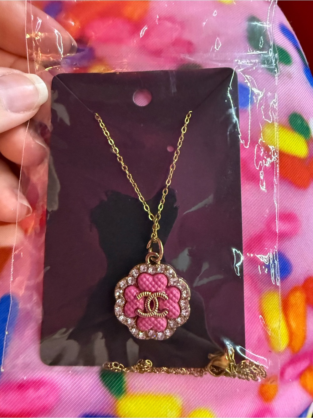 Hand Crafted Pink Flower Pendant Necklace with Gold Chain